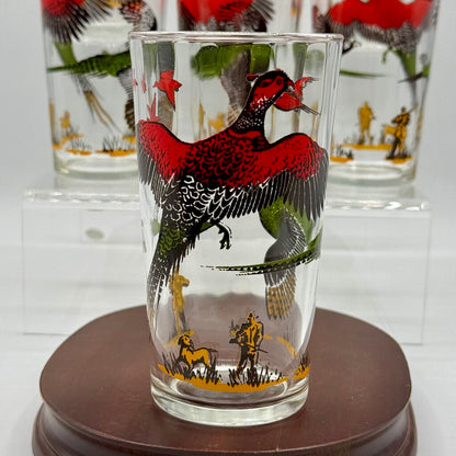 Set of 4 MCM Hazel Atlas Pheasant Hunting Vintage Bar Drinking Glasses /hy
