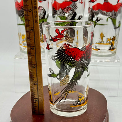 Set of 4 MCM Hazel Atlas Pheasant Hunting Vintage Bar Drinking Glasses /hy