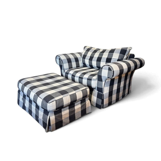 Oversized Black and White Gingham Armchair with Ottoman