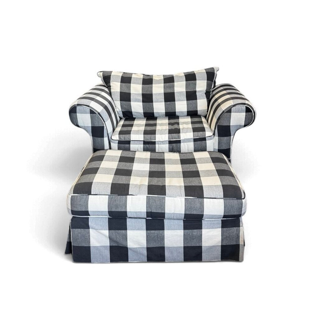 Oversized Black and White Gingham Armchair with Ottoman