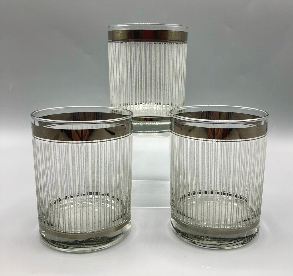 3 Vtg George Briard Silvercrest Banded Icicle Double Old Fashioned Glasses /b