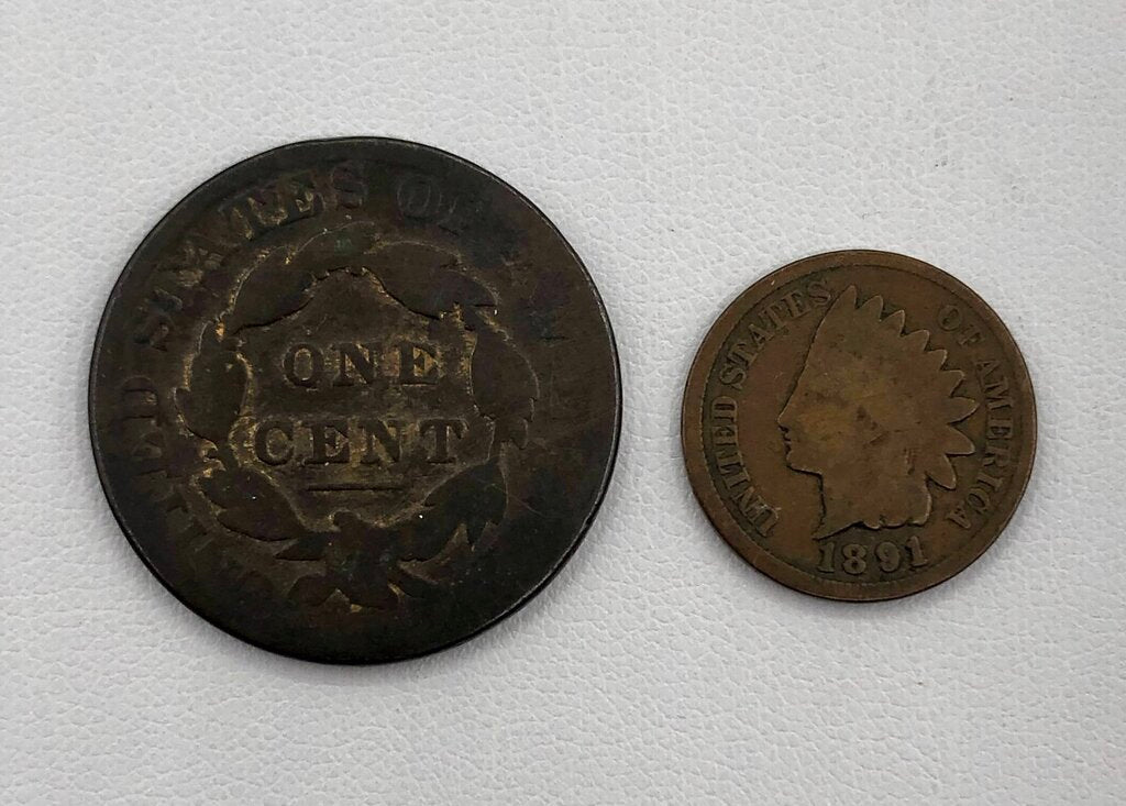 1826 USA Coronet Head One Cent & 1891 Indian Head One Cent Coins /b