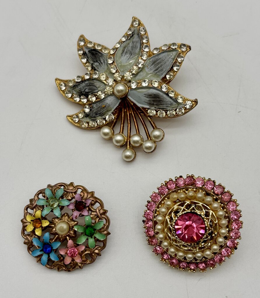 Vtg. Flower Power Brooch Lot 3 Pc. Retro Enament Pearl Pink Rhinestone Pins /j