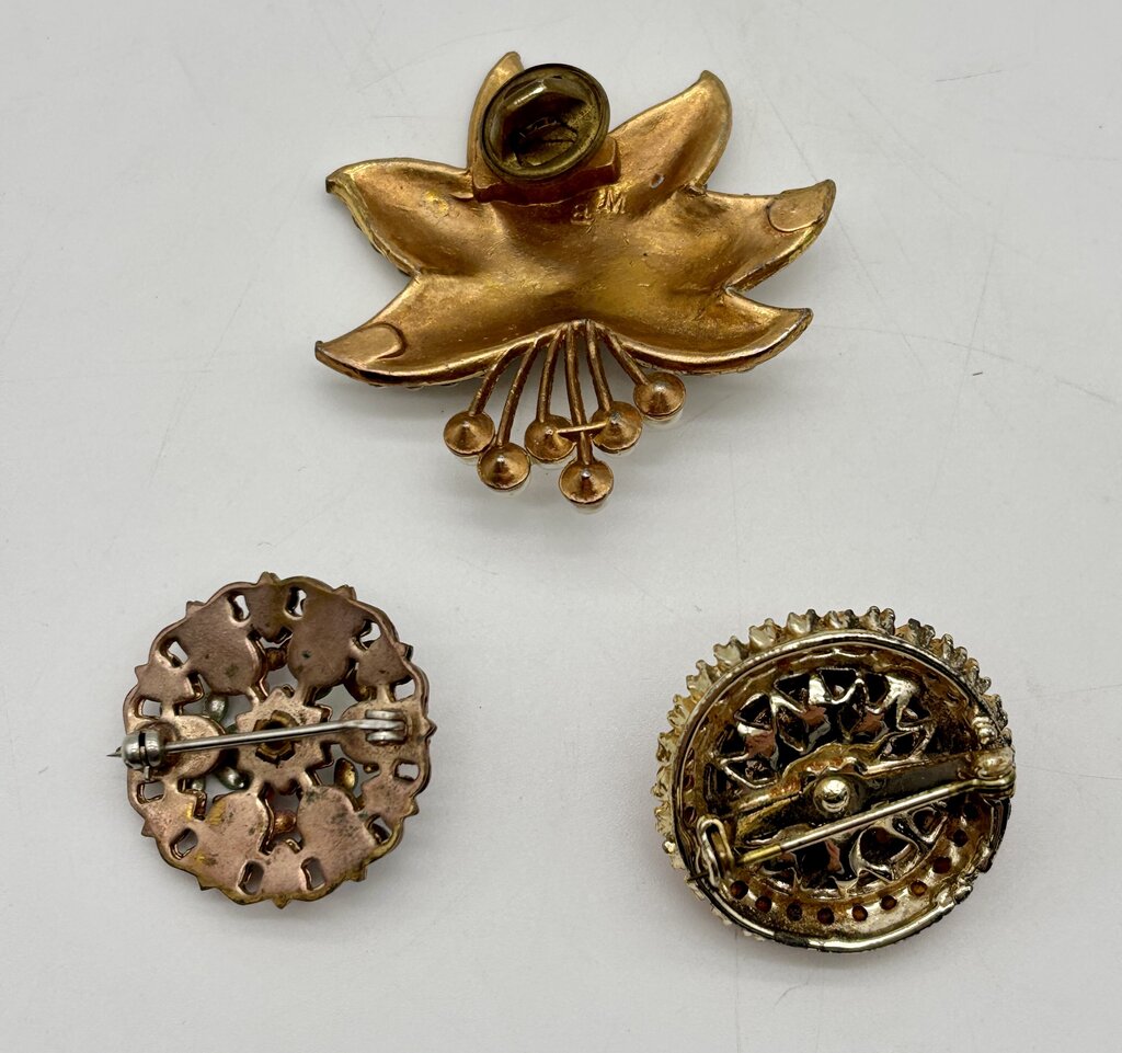 Vtg. Flower Power Brooch Lot 3 Pc. Retro Enament Pearl Pink Rhinestone Pins /j