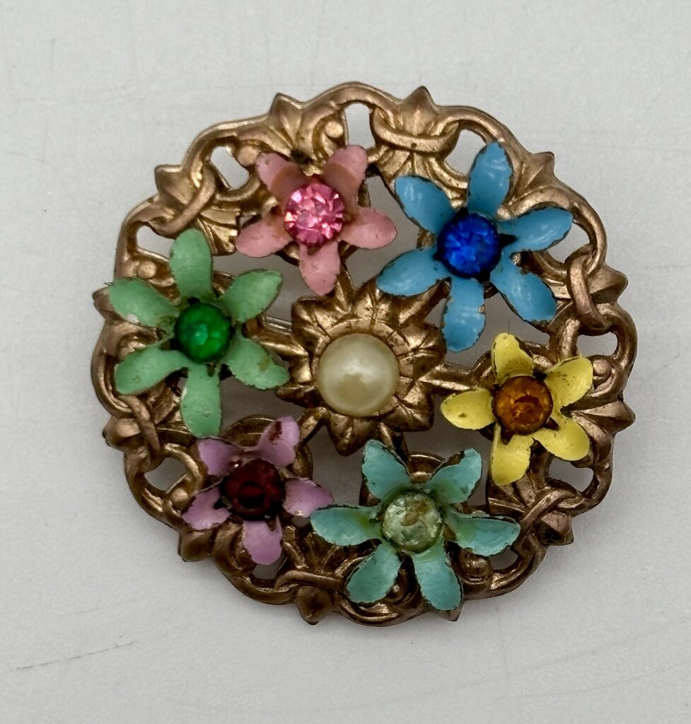 Vtg. Flower Power Brooch Lot 3 Pc. Retro Enament Pearl Pink Rhinestone Pins /j