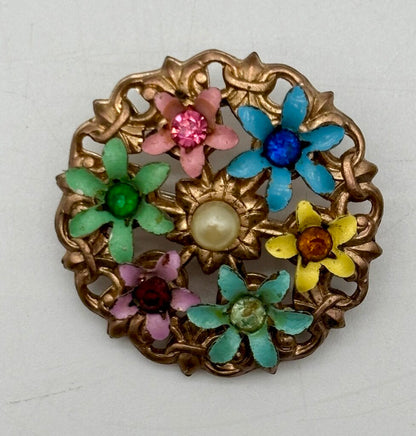 Vtg. Flower Power Brooch Lot 3 Pc. Retro Enament Pearl Pink Rhinestone Pins /j