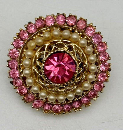 Vtg. Flower Power Brooch Lot 3 Pc. Retro Enament Pearl Pink Rhinestone Pins /j