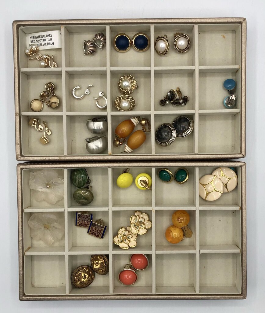 23 Vtg Pair Clip Earrings w/ 2 Storage Trays /b