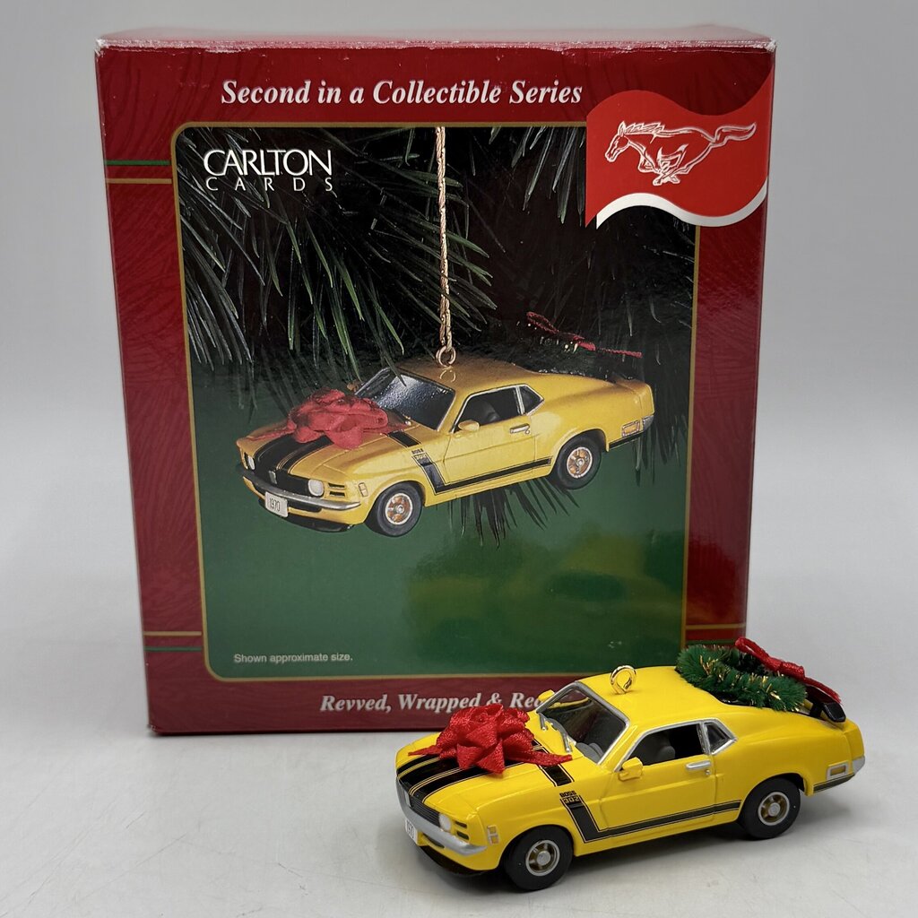 Vintage Carlton Cards Revved Wrapped & Ready ‘70 Ford Mustang Boss 302 Christmas Ornament w/Box /cb