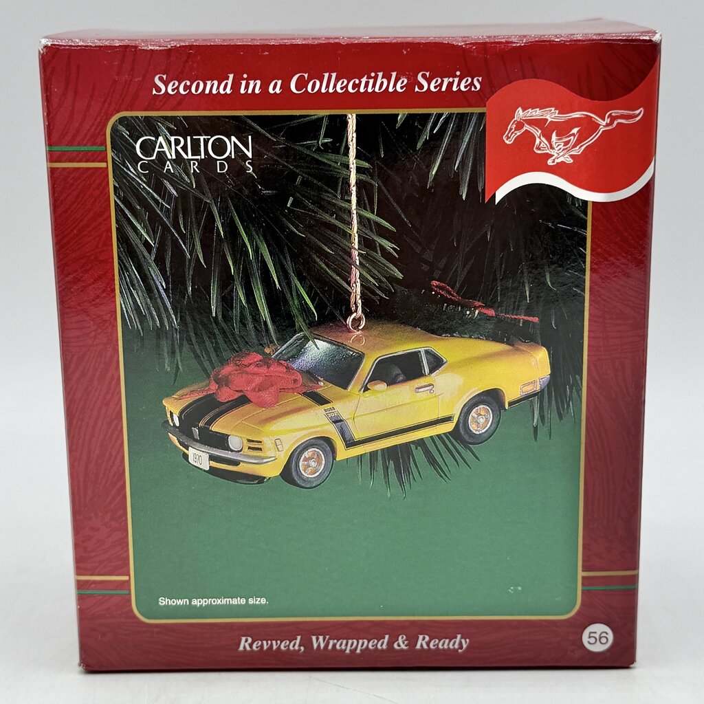 Vintage Carlton Cards Revved Wrapped & Ready ‘70 Ford Mustang Boss 302 Christmas Ornament w/Box /cb