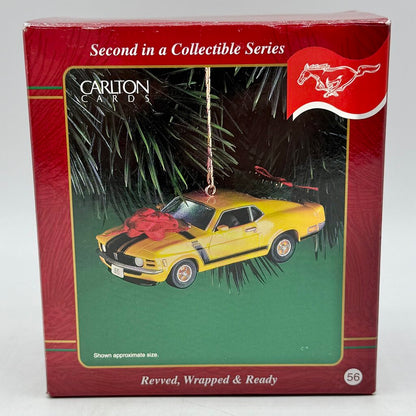 Vintage Carlton Cards Revved Wrapped & Ready ‘70 Ford Mustang Boss 302 Christmas Ornament w/Box /cb
