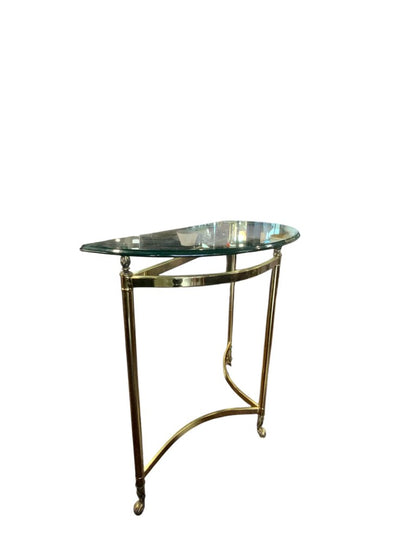 Vintage Half Moon Glass Top Brass Metal Hoofed Foot Console Table