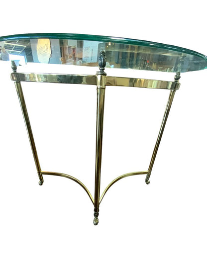 Vintage Half Moon Glass Top Brass Metal Hoofed Foot Console Table