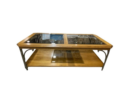 Solid Oak and Wrought Iron Two Level Beveled Table