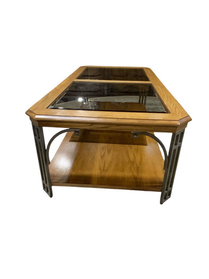 Solid Oak and Wrought Iron Two Level Beveled Table