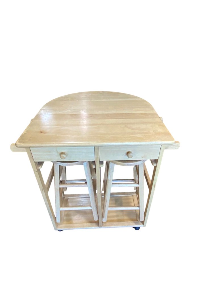 Drop Leaf Kitchenette Cart with Two Stored Stools with Wheels