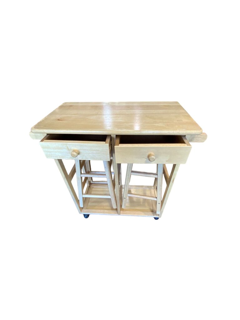 Drop Leaf Kitchenette Cart with Two Stored Stools with Wheels