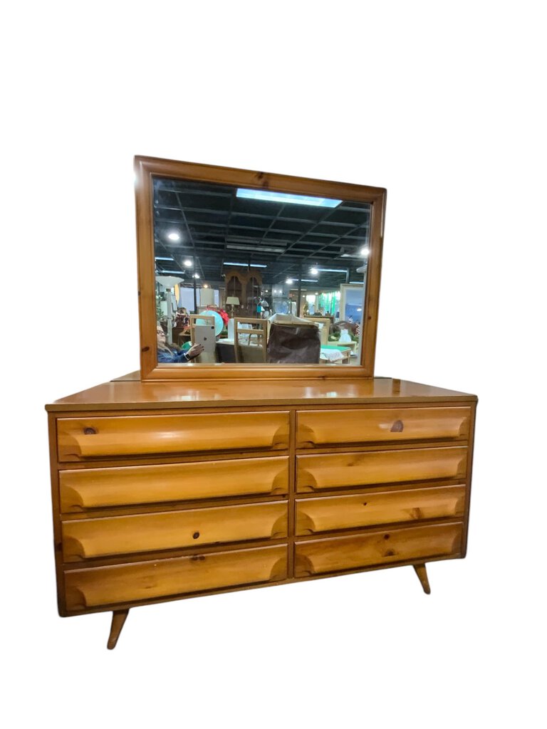 Mid Century Modern Pine Eight Drawer Dresser with Mirror