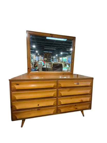 Mid Century Modern Pine Eight Drawer Dresser with Mirror