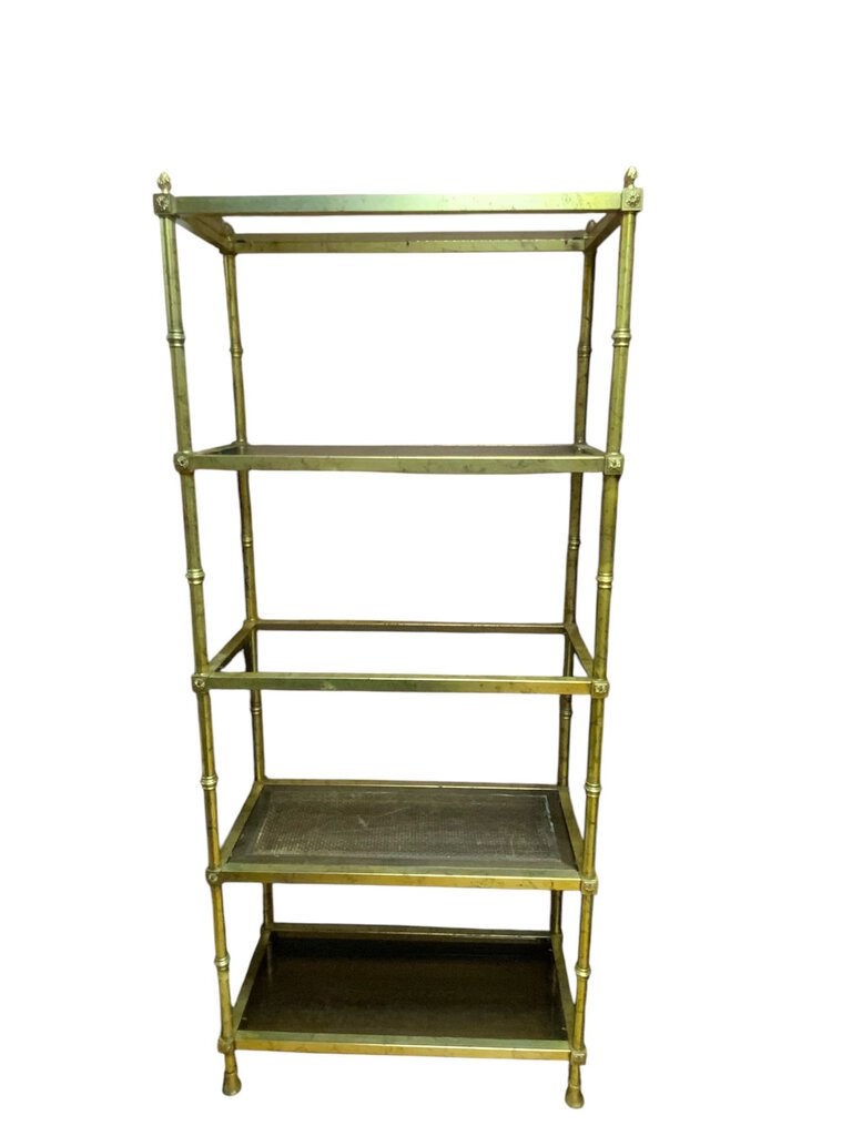 Mid Century Modern Bookcase with 4 glass shelves and 1 wicker shelf