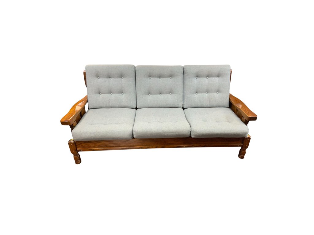 Wood Framed Sofa with Blue Cushions