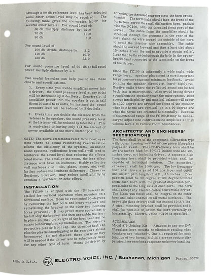 VTG Electro-Voice FC100 Compound Diffraction Horn, Made in USA, Fiberglass
