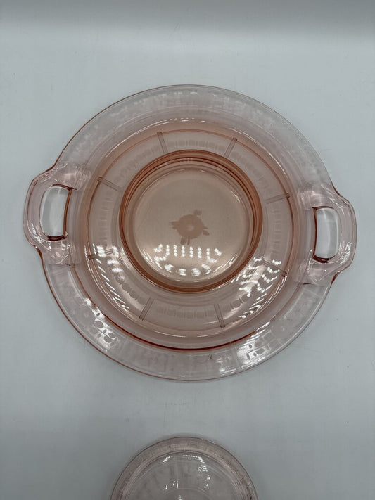 Pink Depression Glass Etched Floral Double Handle Tray & Lid /rw