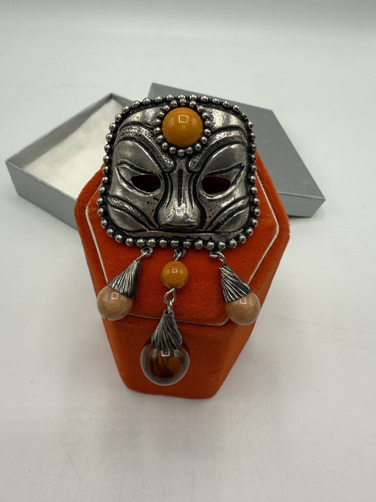 Unique Brooch/Pin Metal Mask with Agate stone Beads /ro