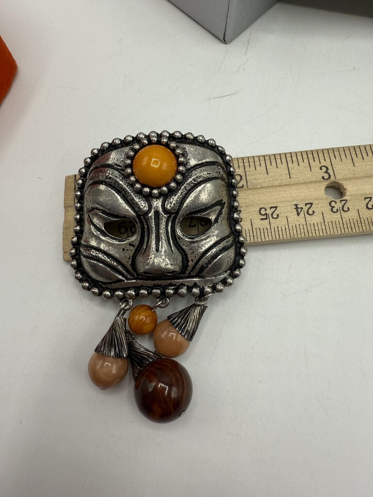 Unique Brooch/Pin Metal Mask with Agate stone Beads /ro