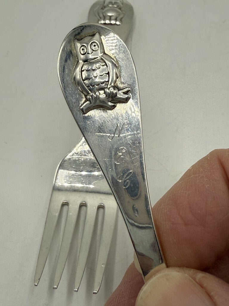 Reed & Barton Baby Spoon & Fork Owl & Kitty Cat /ro