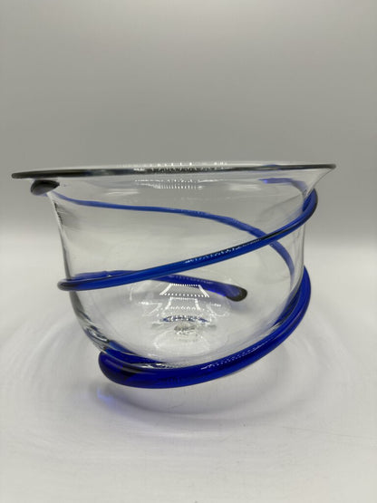 Blenko Clear Glass Bowl w/Applied Cobalt Blue Swirl /rb