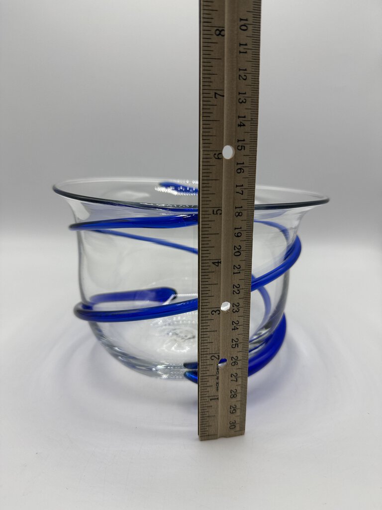 Blenko Clear Glass Bowl w/Applied Cobalt Blue Swirl /rb