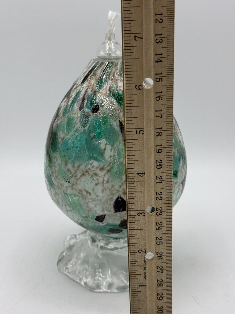 Colorful Green, White, Gold Blown Glass Oil Lamp Footed.
