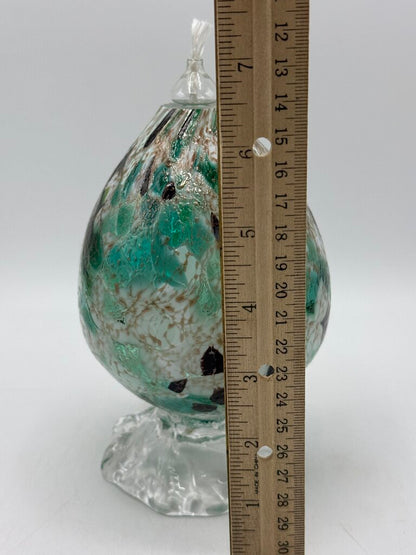 Colorful Green, White, Gold Blown Glass Oil Lamp Footed.
