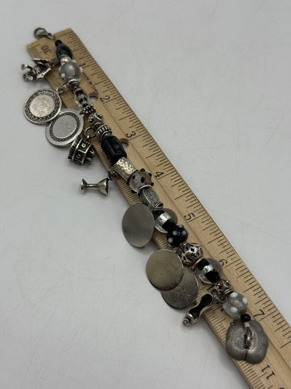 Glass Bead Bracelet & 10 Sterling Silver Charms 7” /ro