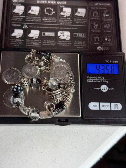 Glass Bead Bracelet & 10 Sterling Silver Charms 7” /ro