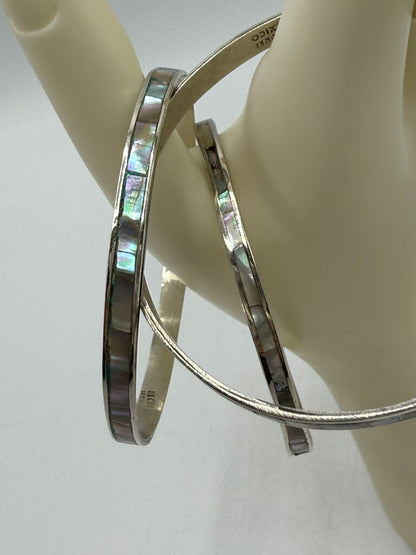 Vintage Trio of Mexican Sterling Silver Bangle Bracelets w/Inlaid Abalone Shell /ro