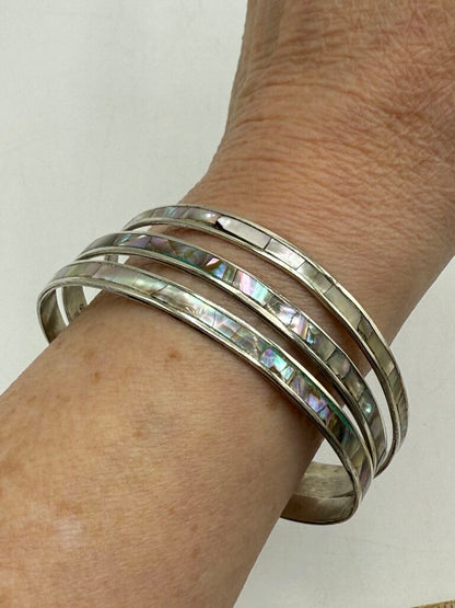 Vintage Trio of Mexican Sterling Silver Bangle Bracelets w/Inlaid Abalone Shell /ro