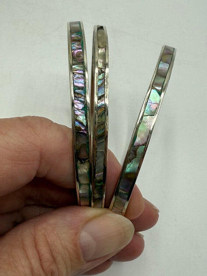 Vintage Trio of Mexican Sterling Silver Bangle Bracelets w/Inlaid Abalone Shell /ro