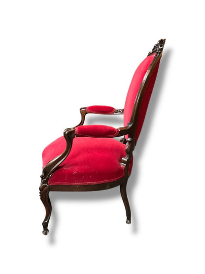 Red Victorian Parlor Chair, Walnut Frame