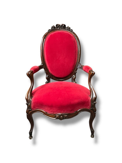 Red Victorian Parlor Chair, Walnut Frame