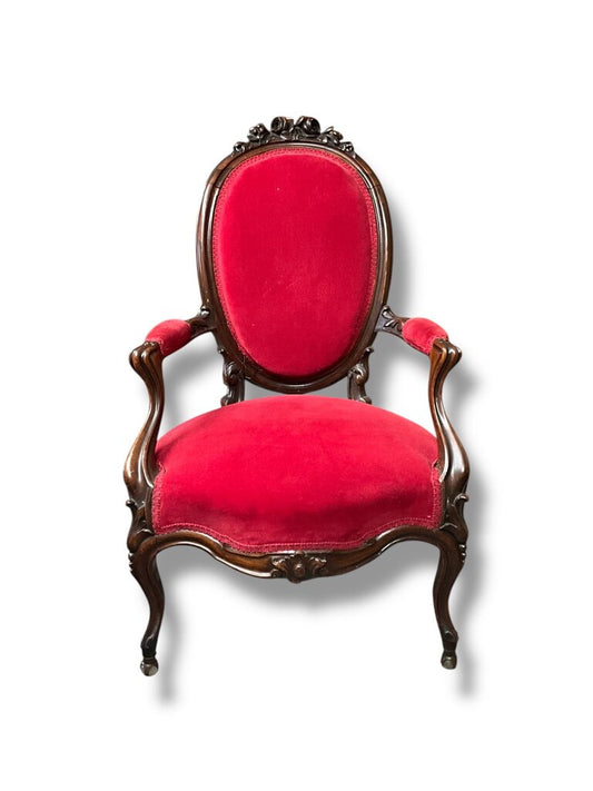 Red Victorian Parlor Chair, Walnut Frame
