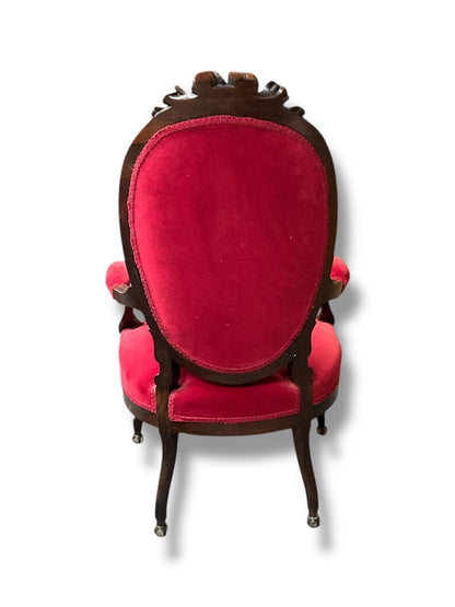 Red Victorian Parlor Chair, Walnut Frame