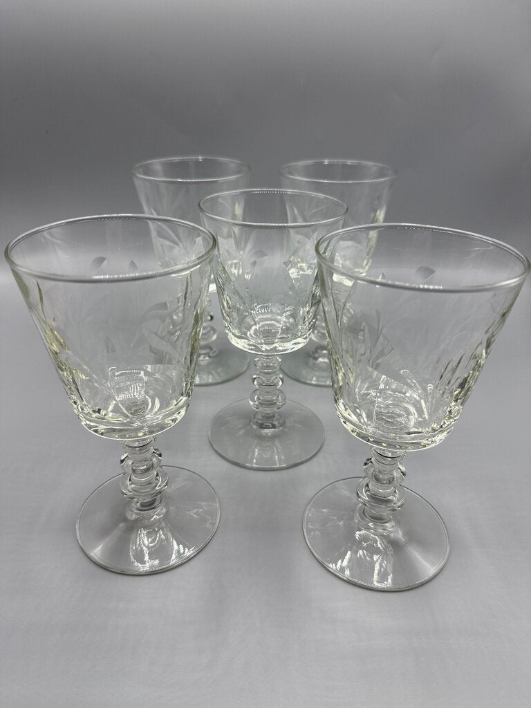 VTG 5 Libbey Rock Sharpe Crystal Fleur De Lis Water Goblets /rw