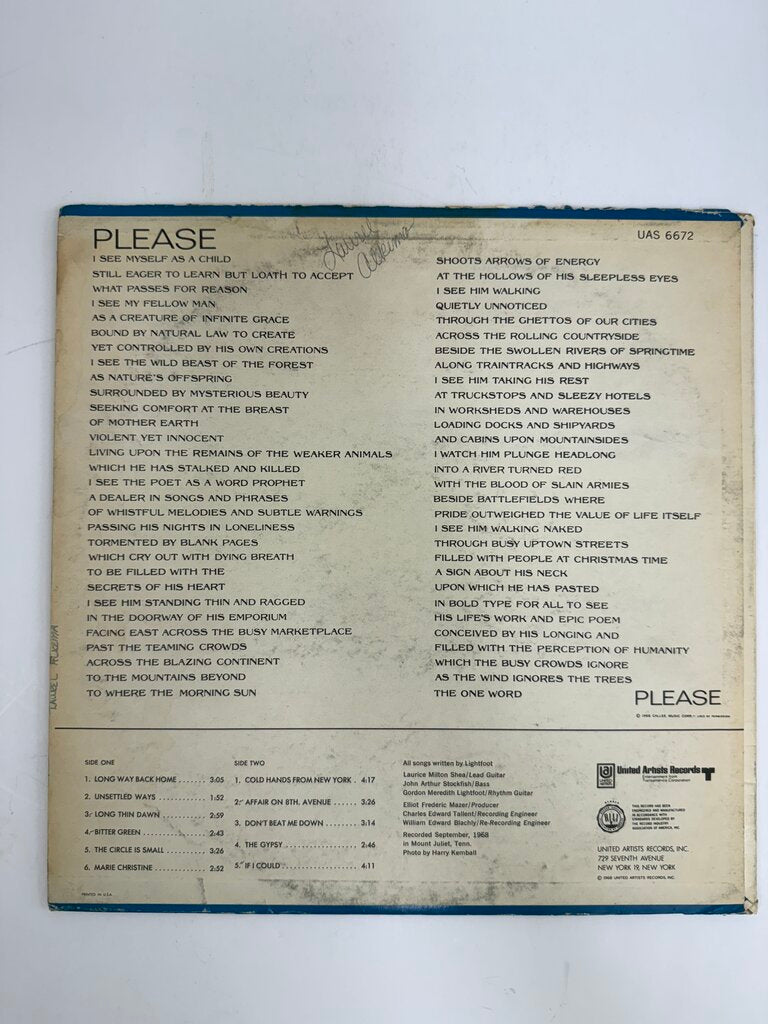 VTG Vinyl Album Gordon Lightfoot Back Here on Earth LP /ro