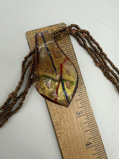 Beaded Necklace Fused Glass Pendant & Pierced Dangle Earrings Brown Tones /ro