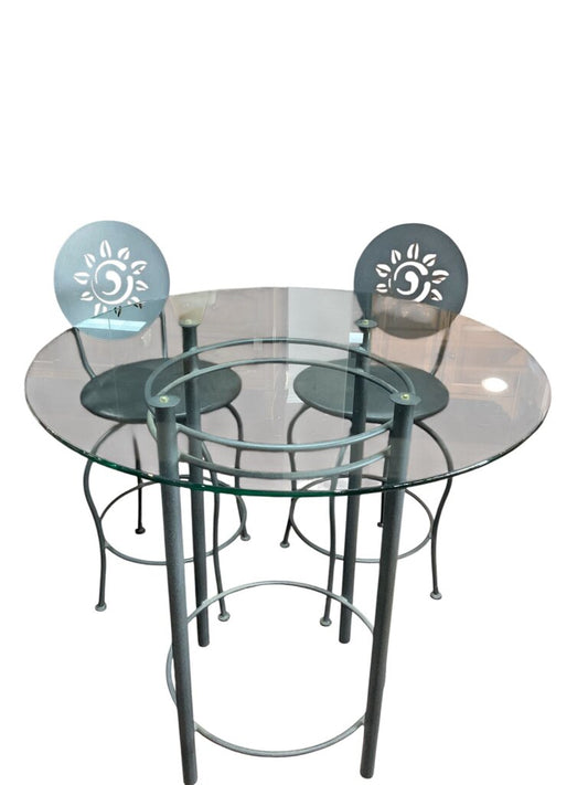High Top Glass Table With 2 Black Sun Stools