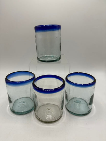 Set of 4 Hand Blown Mexican Bubble Glass 4” Blue Rim /rw