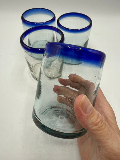 Set of 4 Hand Blown Mexican Bubble Glass 4” Blue Rim /rw