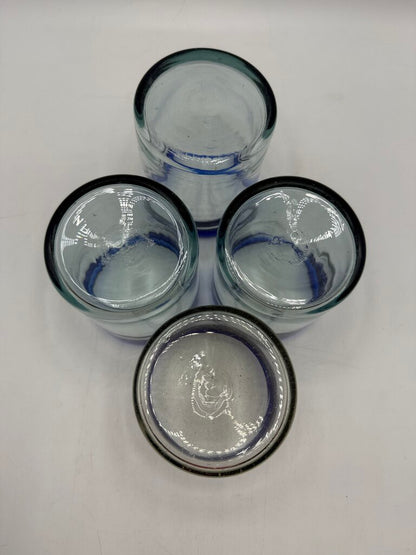 Set of 4 Hand Blown Mexican Bubble Glass 4” Blue Rim /rw